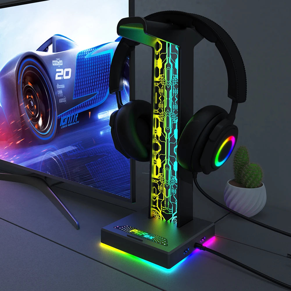 🎧 RGB Gaming Headphone Stand – Dual USB Ports, 3.5mm Audio Jack, 10 Lighting Modes, Desktop Headset Holder for PC Gamers