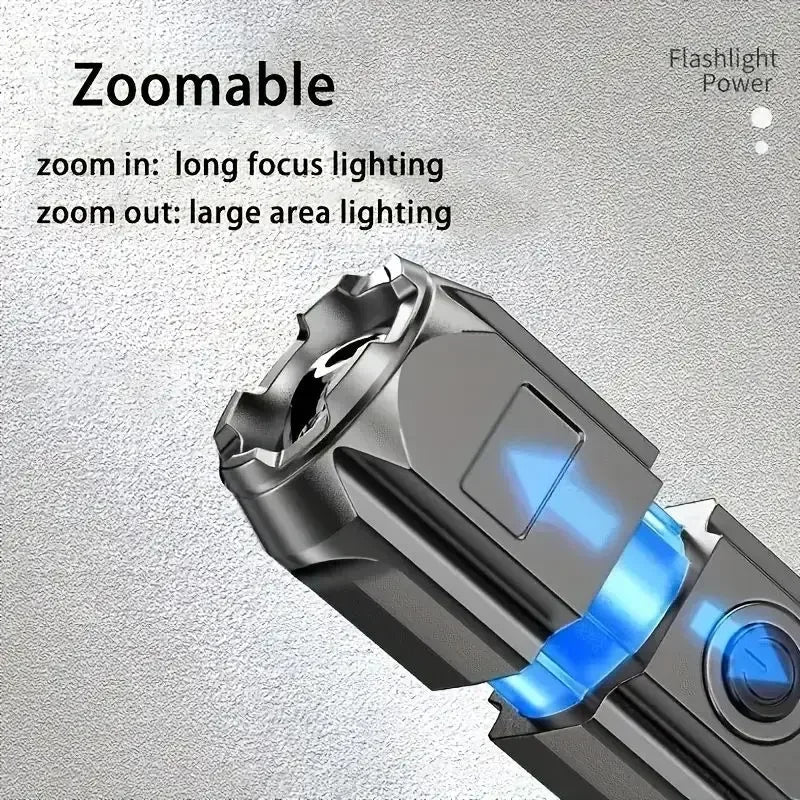 Super Bright LED Tactical Flashlight – USB Rechargeable, 4 Lighting Modes, Telescopic Zoom, Waterproof Torch for Camping & Emergency Use