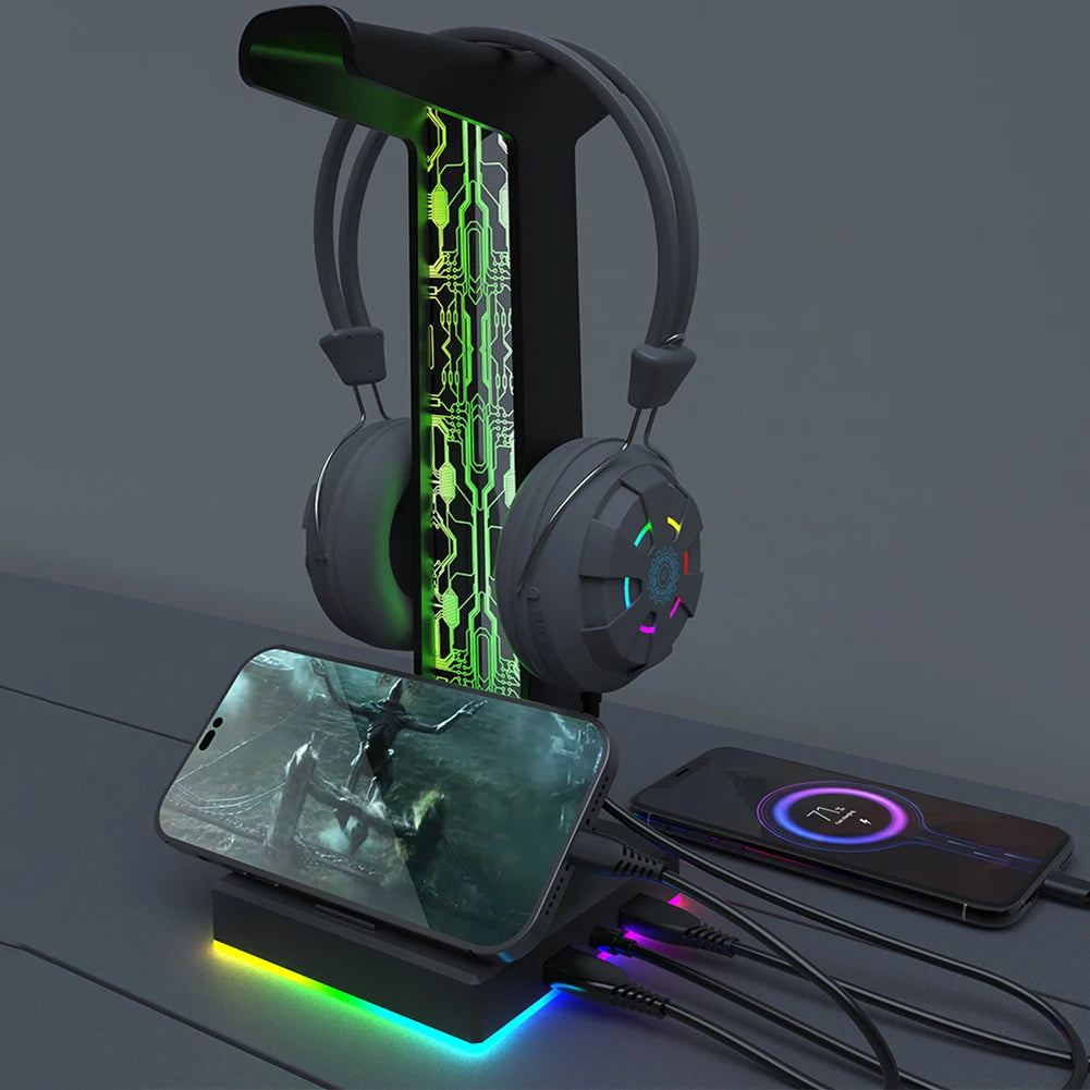 🎧 RGB Gaming Headphone Stand – Dual USB Ports, 3.5mm Audio Jack, 10 Lighting Modes, Desktop Headset Holder for PC Gamers