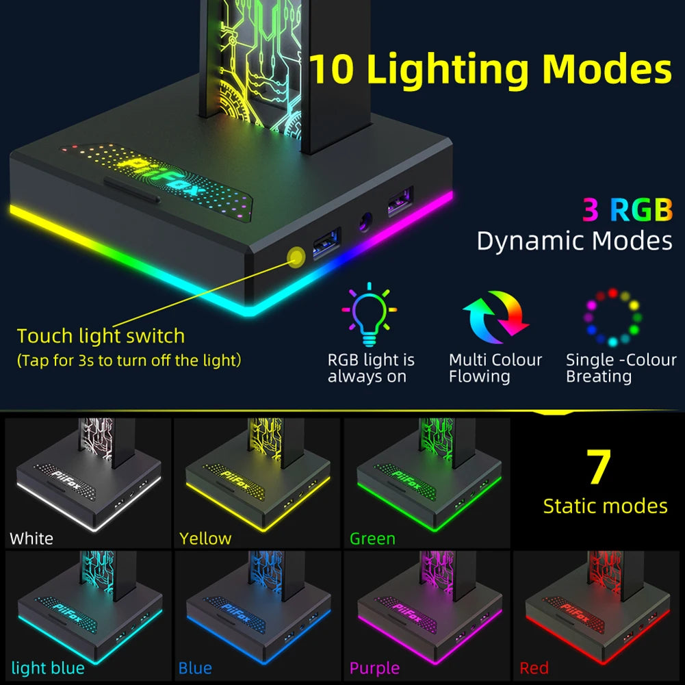 🎧 RGB Gaming Headphone Stand – Dual USB Ports, 3.5mm Audio Jack, 10 Lighting Modes, Desktop Headset Holder for PC Gamers