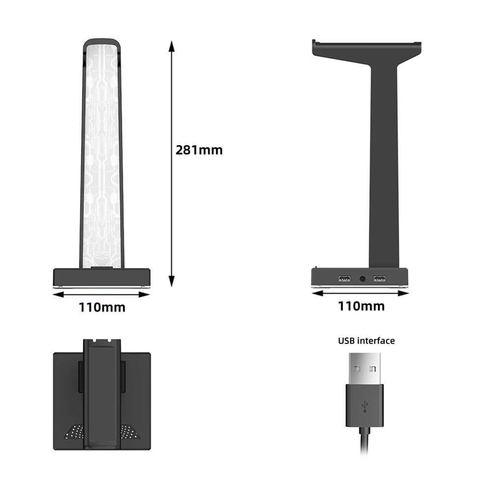 🎧 RGB Gaming Headphone Stand – Dual USB Ports, 3.5mm Audio Jack, 10 Lighting Modes, Desktop Headset Holder for PC Gamers