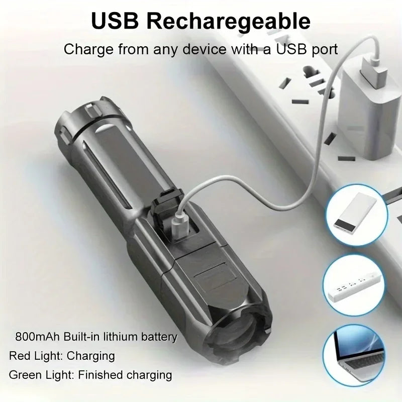 Super Bright LED Tactical Flashlight – USB Rechargeable, 4 Lighting Modes, Telescopic Zoom, Waterproof Torch for Camping & Emergency Use