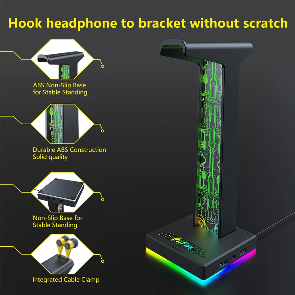 🎧 RGB Gaming Headphone Stand – Dual USB Ports, 3.5mm Audio Jack, 10 Lighting Modes, Desktop Headset Holder for PC Gamers