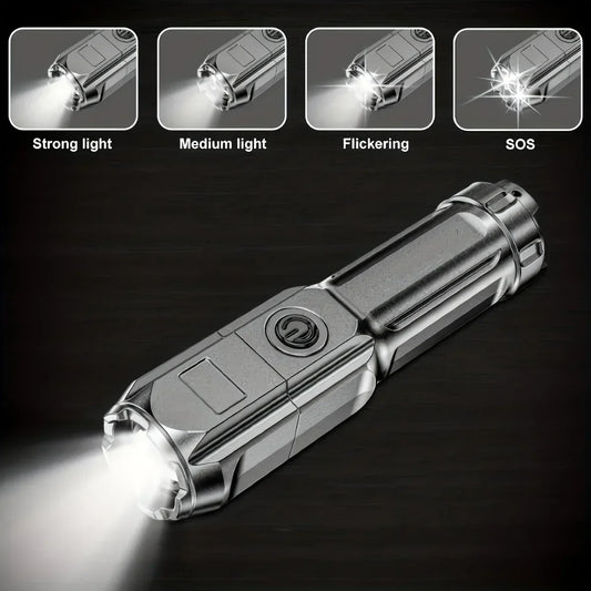 Super Bright LED Tactical Flashlight – USB Rechargeable, 4 Lighting Modes, Telescopic Zoom, Waterproof Torch for Camping & Emergency Use