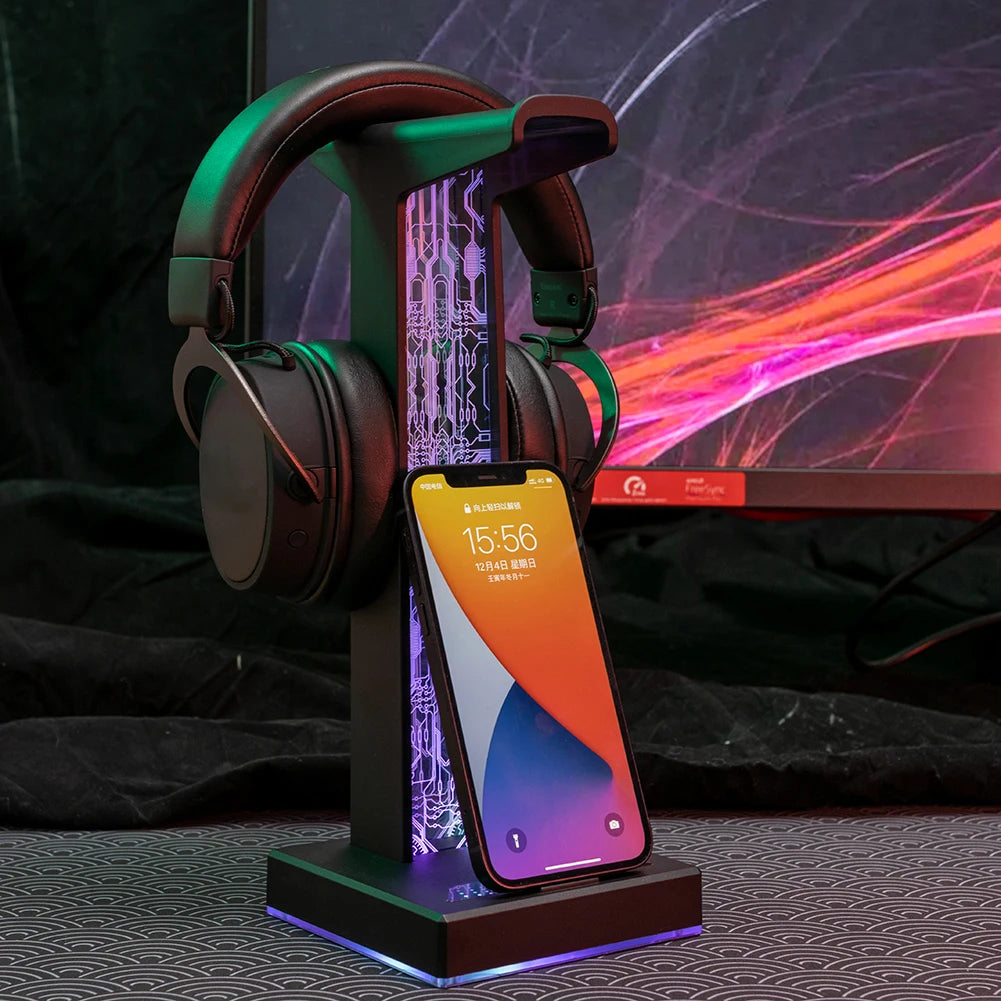 🎧 RGB Gaming Headphone Stand – Dual USB Ports, 3.5mm Audio Jack, 10 Lighting Modes, Desktop Headset Holder for PC Gamers