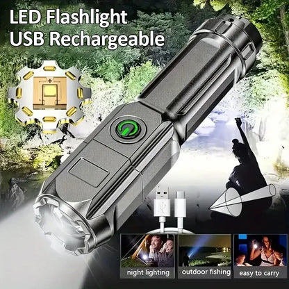 Super Bright LED Tactical Flashlight – USB Rechargeable, 4 Lighting Modes, Telescopic Zoom, Waterproof Torch for Camping & Emergency Use