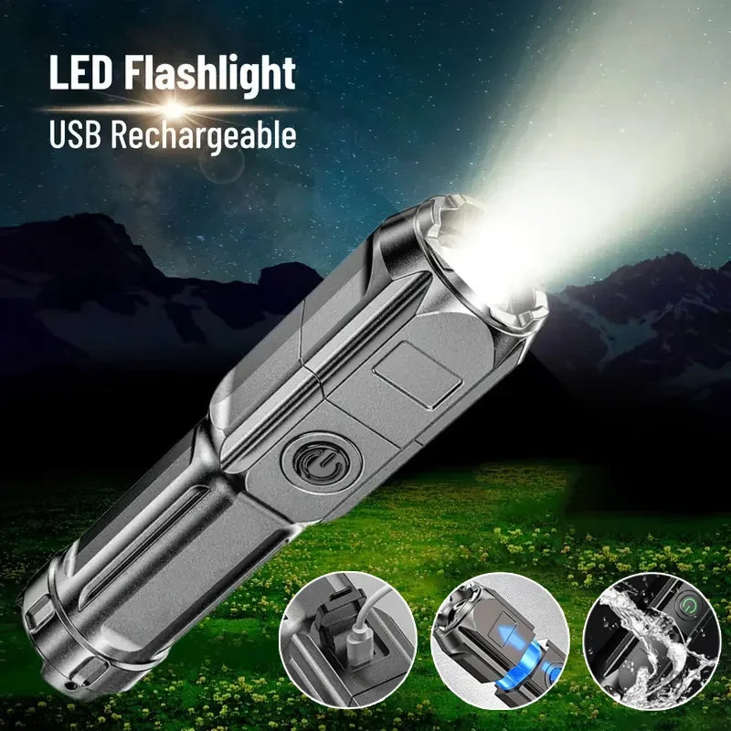 Super Bright LED Tactical Flashlight – USB Rechargeable, 4 Lighting Modes, Telescopic Zoom, Waterproof Torch for Camping & Emergency Use