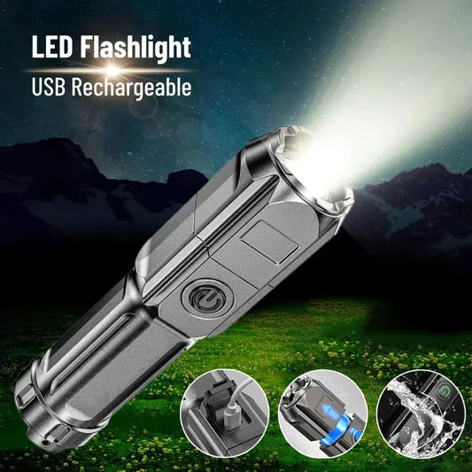 Super Bright LED Tactical Flashlight – USB Rechargeable, 4 Lighting Modes, Telescopic Zoom, Waterproof Torch for Camping & Emergency Use