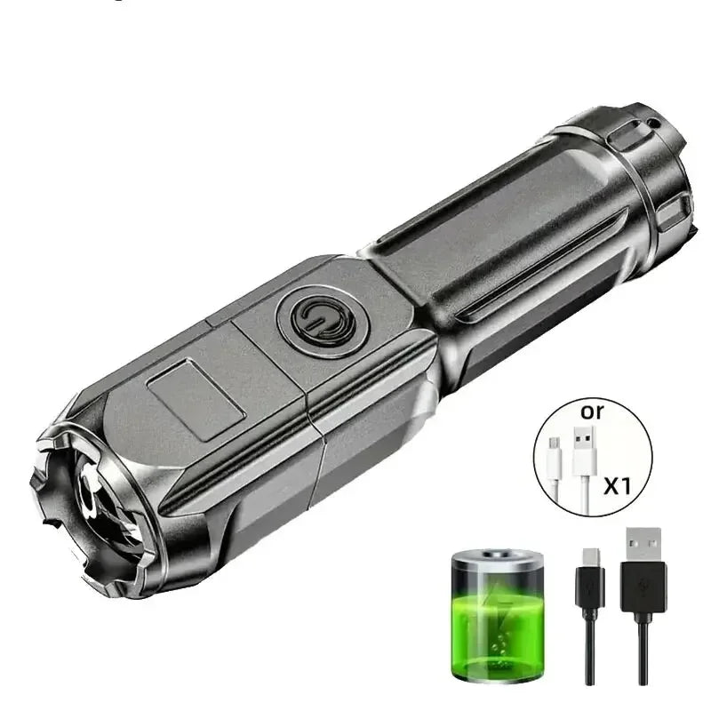 Super Bright LED Tactical Flashlight – USB Rechargeable, 4 Lighting Modes, Telescopic Zoom, Waterproof Torch for Camping & Emergency Use
